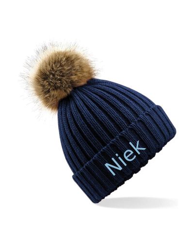 Pompom muts met naam geborduurd | Volwassenen | Navy
