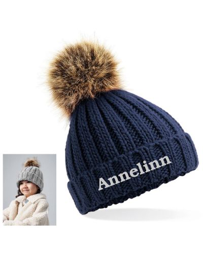 Pompom muts met naam geborduurd | Kind | Navy